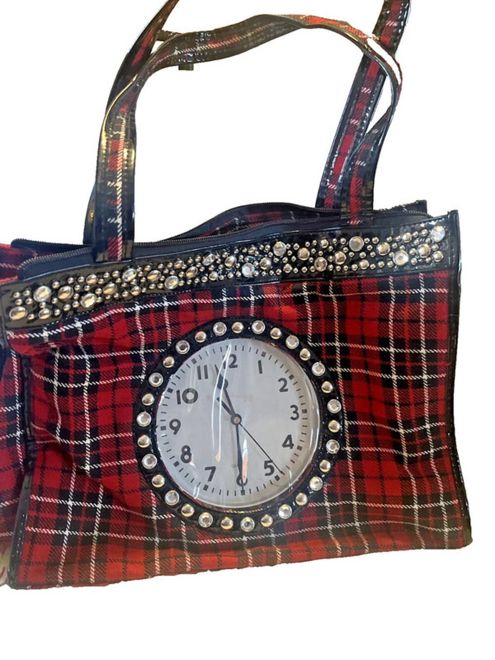Vtg clock purse bag plaid faux leather far nine working